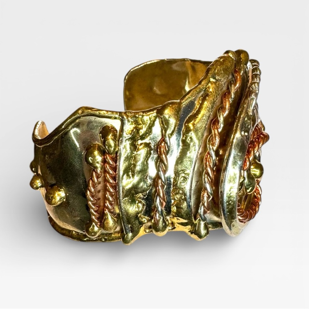 VINTAGE ARTISAN 1970s Brutalist Mixed Metal Bangle Cuff Bracelet, Adjustable - Picture 10 of 13